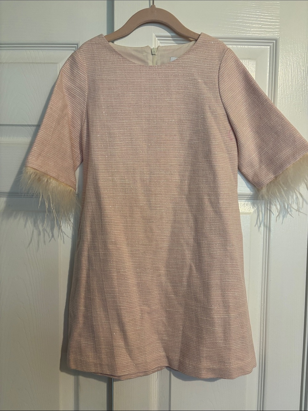 Girls' Blush Feather-Trim Formal Shift Dress